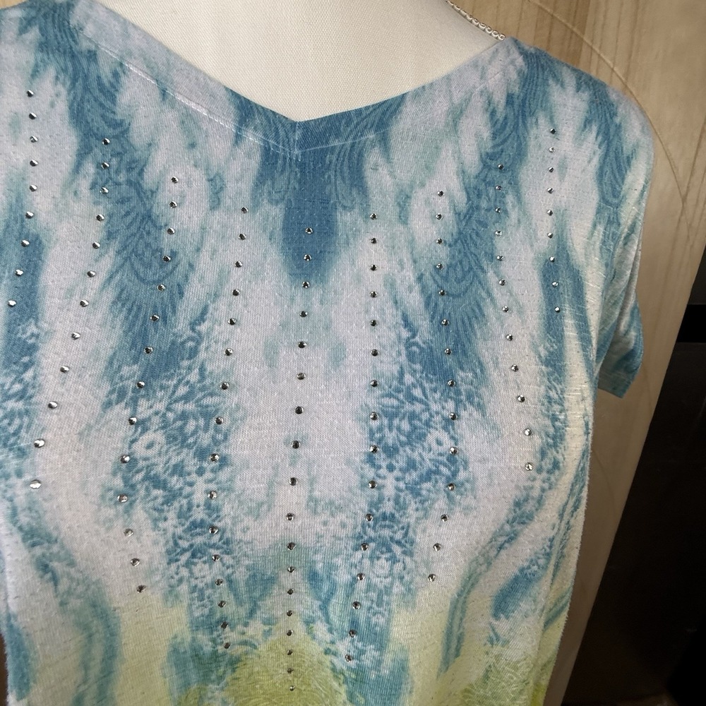 Rhinestone Boho Print Blue Green Time and Tru Women's XL 16-18 Tunic Top